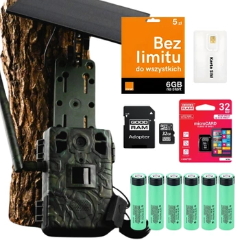 Zestaw Fotopułapka GSM Kamera Leśna TOPHUNT H6 Green Panel Solarny 6xAkumulator 18650 Karta SD 32 GB Karta SIM Orange