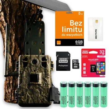Zestaw Fotopułapka GSM Kamera Leśna TOPHUNT H6 Tree grain Panel Solarny 6xAkumulator 18650 Karta SD 32 GB Karta SIM Orange